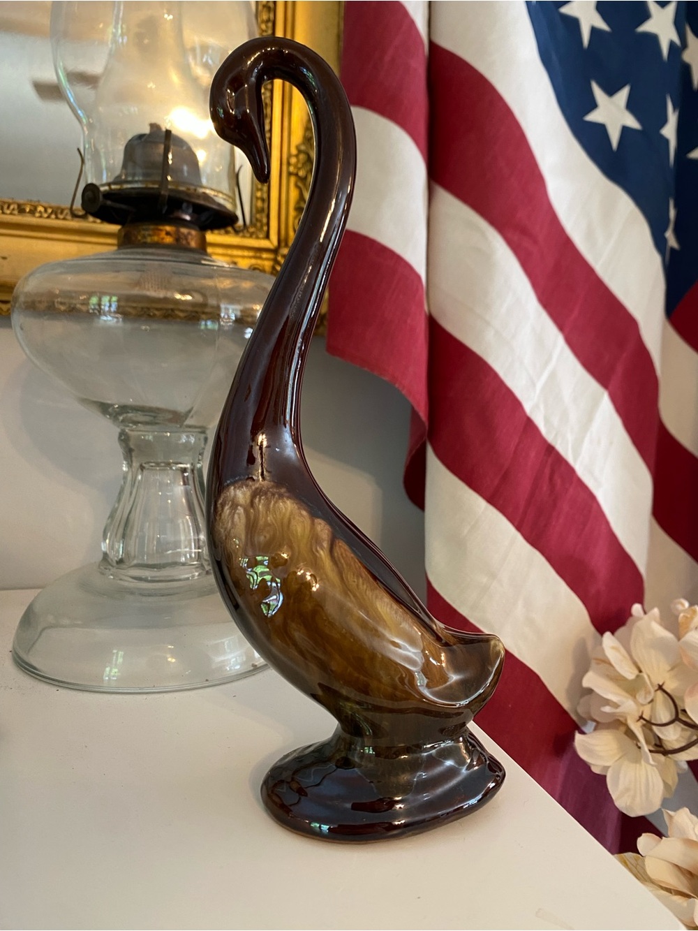 Vintage Ceramic Swan Figurine in Brown and Amber Japan
